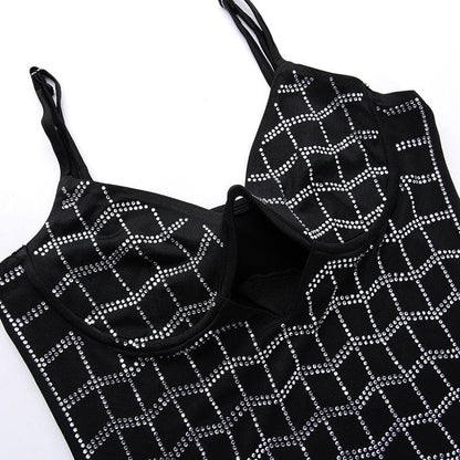 Rhinestone Grid Pattern Sweetheart Neck Cutout Bodycon Mini Dress