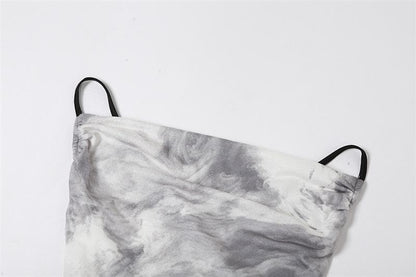 Marble Tie Dye Print Cowl Neck Spaghetti Strap Side Ruched Cami Mini Dress