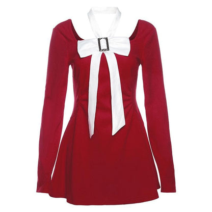 Square Neck Long Sleeve Buckle Bow Contrast Panel Mini Dress