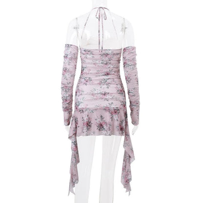 Halter Floral Print Lace Trim Midriff Cutout Ruffle Hem Mini Dress and Lace Arm Sleeves Set