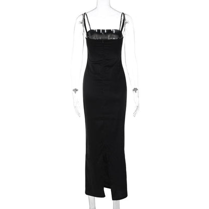 Beaded Square Neck Spaghetti Strap Column Maxi Dress