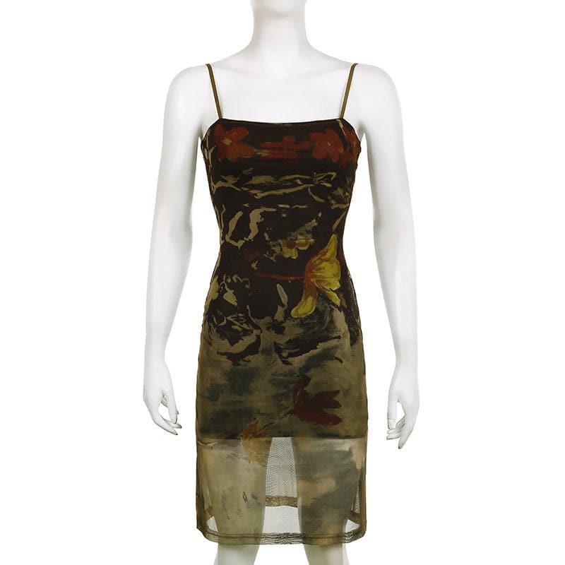 Square Neck Spaghetti Strap Mesh Overlay Abstract Floral Bodycon Midi Dress