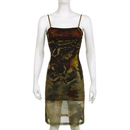 Square Neck Spaghetti Strap Mesh Overlay Abstract Floral Bodycon Midi Dress