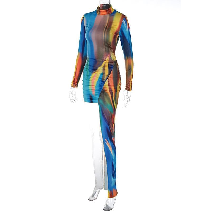 Mock Neck Long Sleeve Aurora Print Ruched Asymmetric Maxi Dress