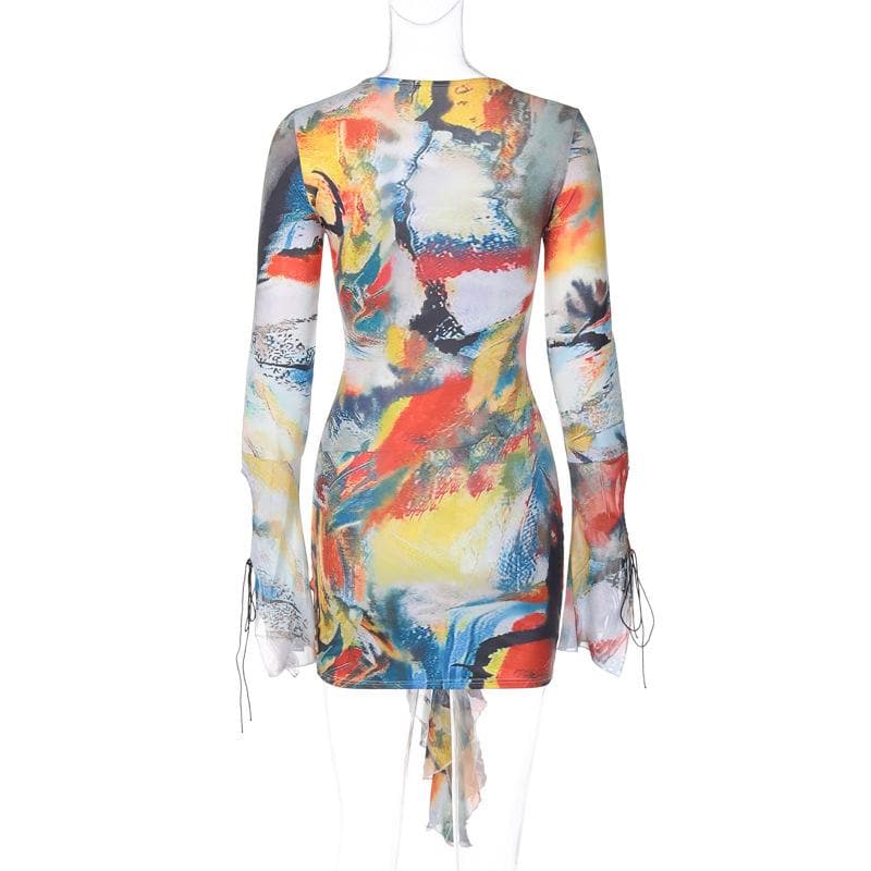 Deep V Lace Up Bell Sleeve Abstract Print Mini Dress