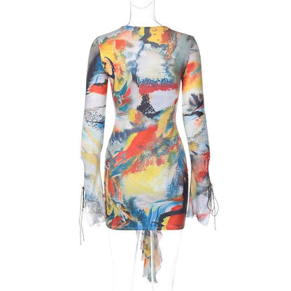 Deep V Lace Up Bell Sleeve Abstract Print Mini Dress