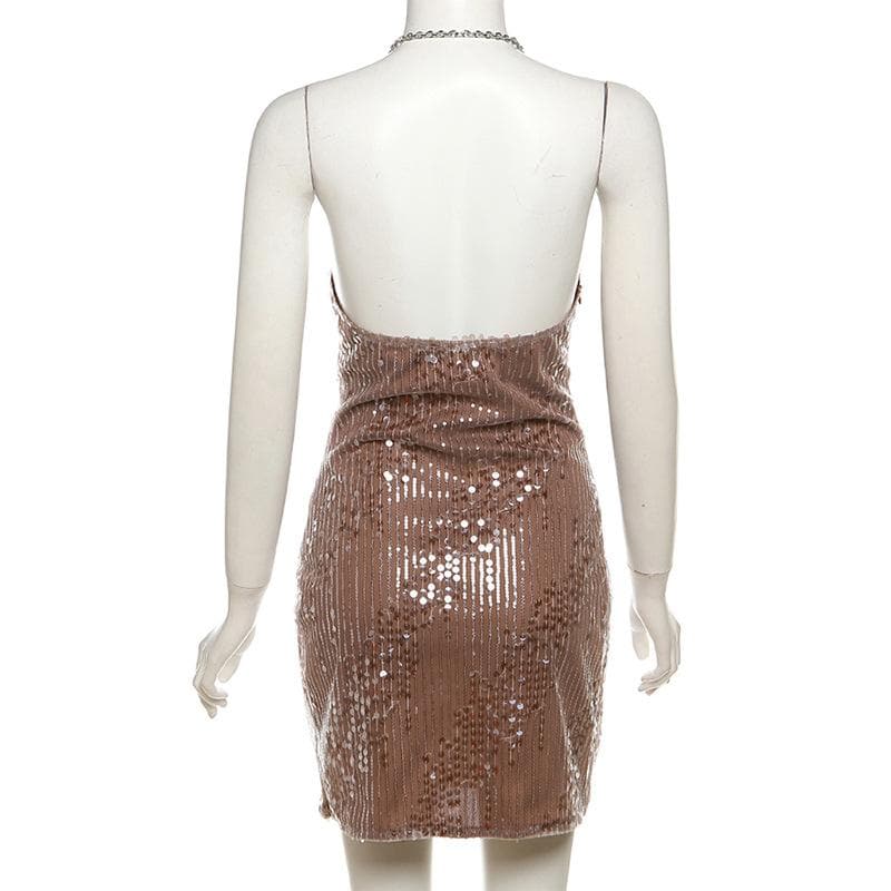 Sequin Stripe Cowl Neck Halter Backless Mini Dress