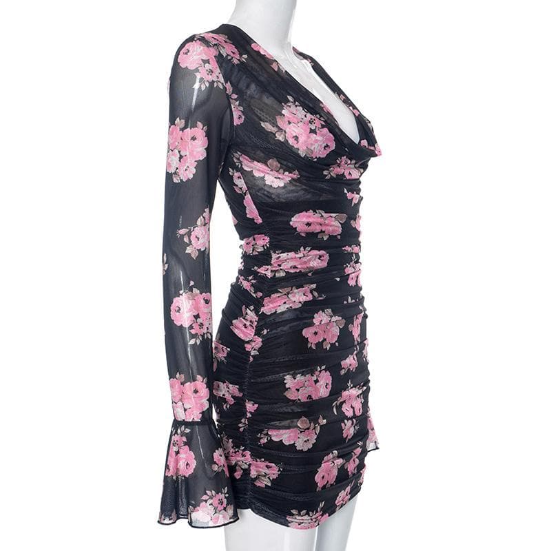 Cowl Neck Floral Mesh Long Sleeve Bell Cuff Ruched Bodycon Mini Dress