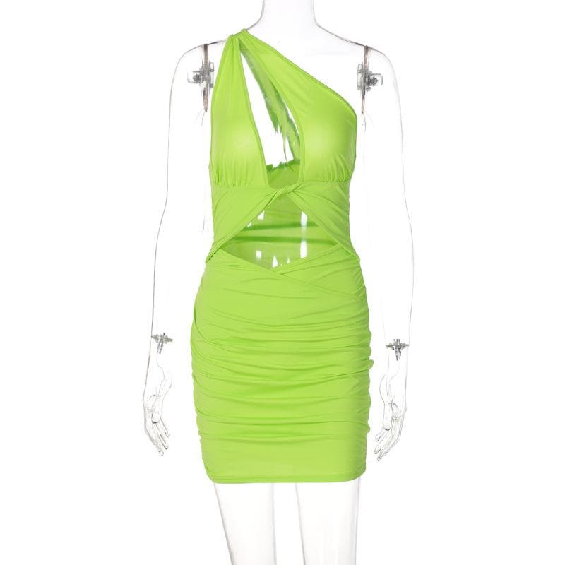 One Shoulder Asymmetric Neckline Chest Cutout Twist Ruched Mini Dress