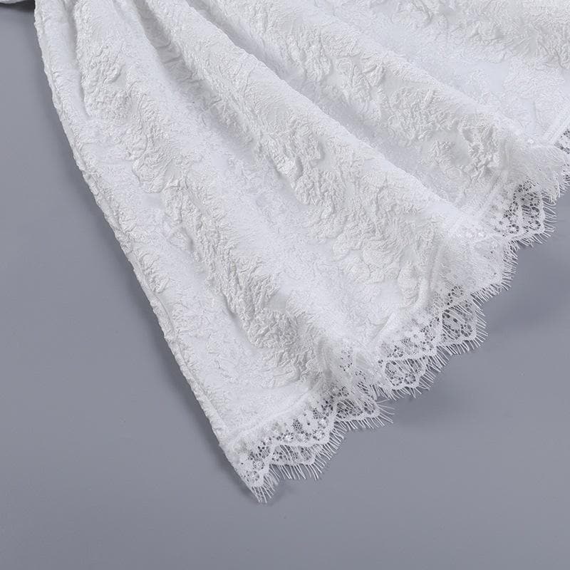Hollow Out Off Shoulder Short Sleeve Crucifix Applique Bowknot Lace Hem Mini Dress