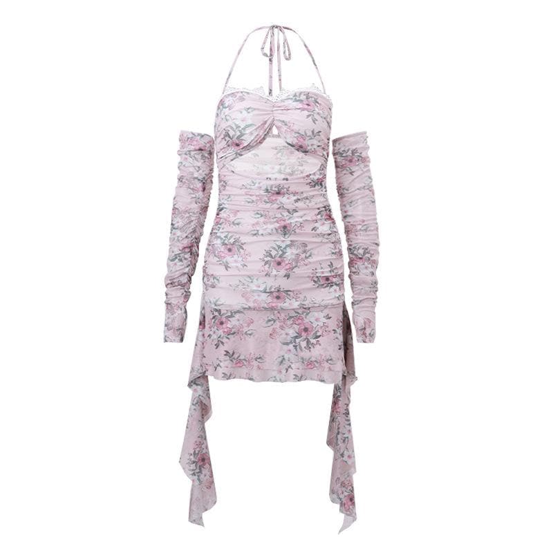 Halter Floral Print Lace Trim Midriff Cutout Ruffle Hem Mini Dress and Lace Arm Sleeves Set