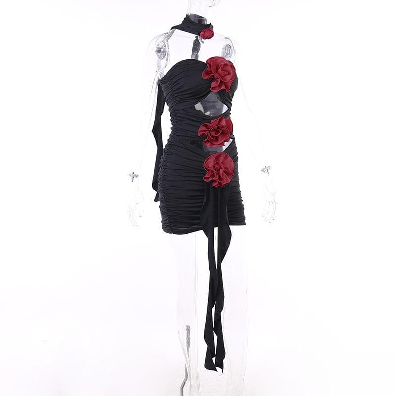 Strapless Rosette Applique Cutout Waist Ruched Bodycon Mini Dress with Choker