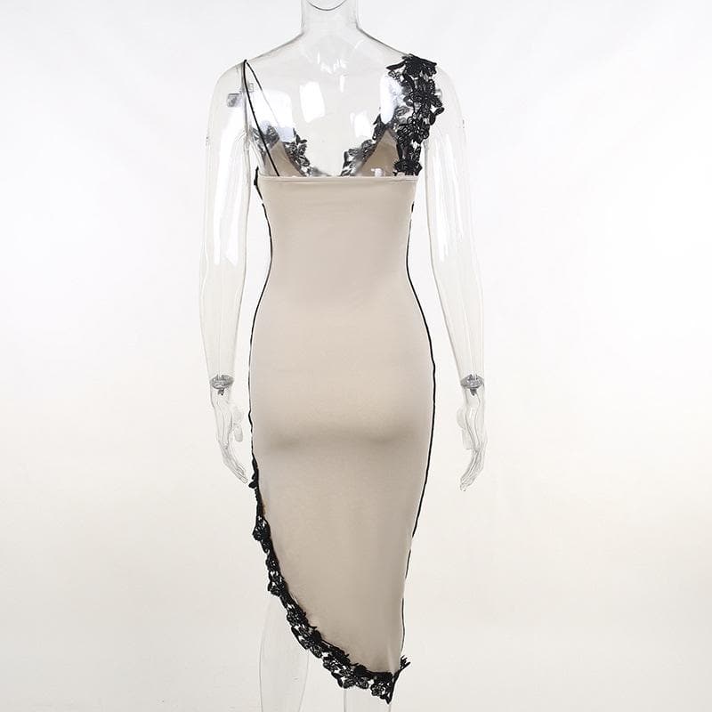 V-Neck Spaghetti Strap Floral Lace Applique Side Slit Bodycon Midi Dress
