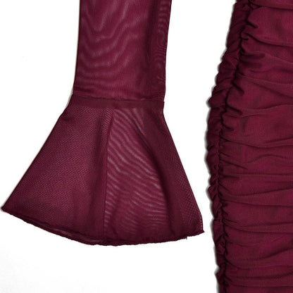 Mock Neck Sheer Mesh Bell Sleeve Horizontal Ruched Mini Dress