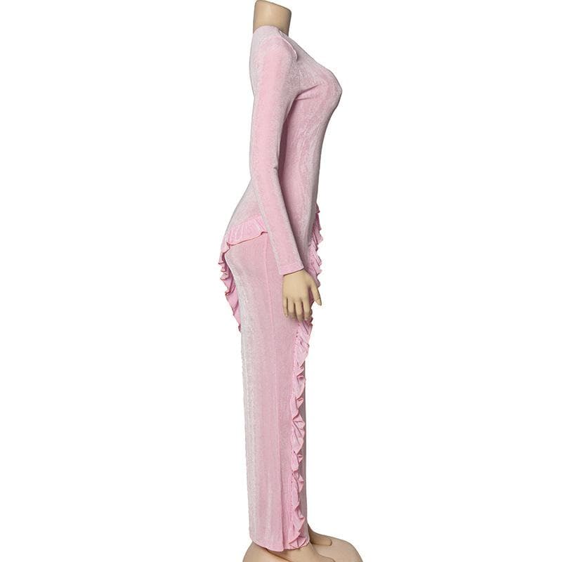 One-Shoulder Long Sleeve Diagonal Ruffle Trim Bodycon Maxi Dress