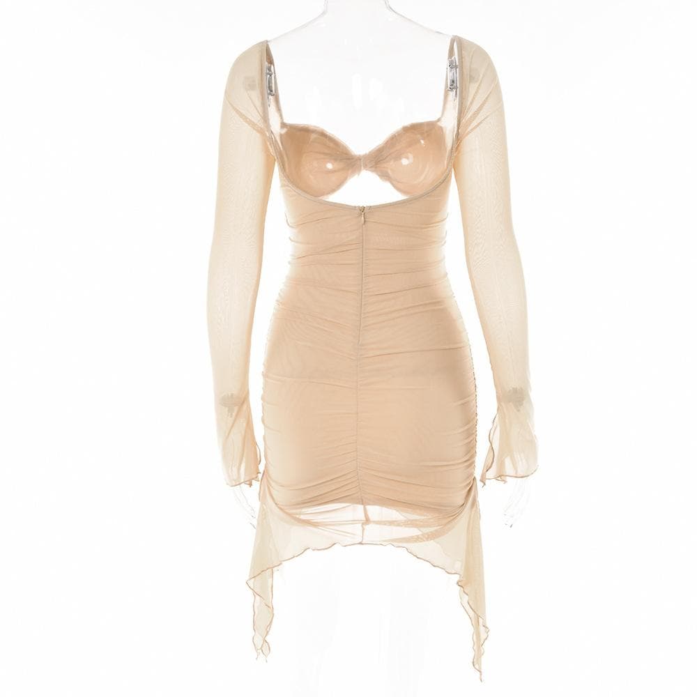 Hollow Out Mesh Bell Sleeve Sweetheart Cutout Ruched Zip Back Mini Dress