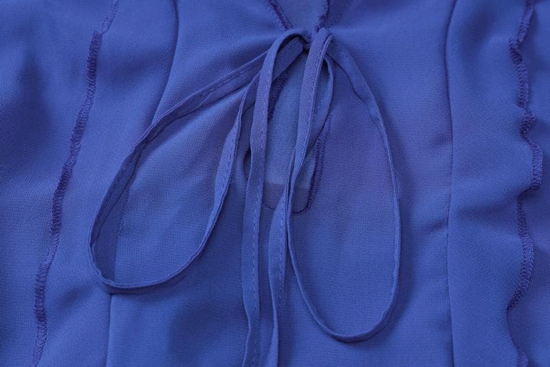 Sheer Chiffon Ruffle Trim Tie Front V-Neck Long Sleeve High Slit Maxi Dress