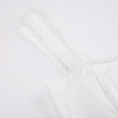 Lace Trim Square Neck Zip Up Ruched Backless Mini Dress
