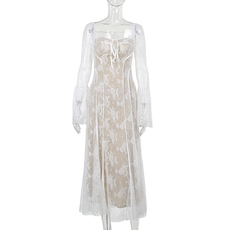 Square Neck Corset Lace Long Sleeve Bell Cuff Paneled Maxi Dress