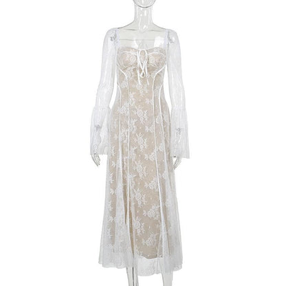 Square Neck Corset Lace Long Sleeve Bell Cuff Paneled Maxi Dress