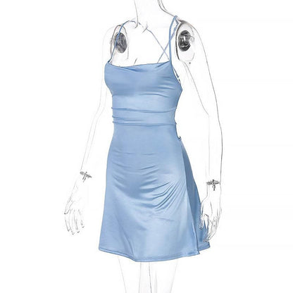 Satin Cowl Neck Cross Back Ruched Waist Bodycon Mini Dress