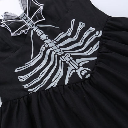 Skeleton Print Studded Choker Halter Grommet Strap Skater Mini Dress