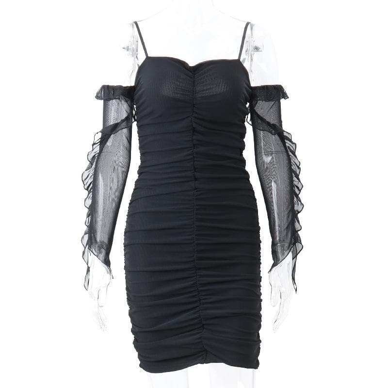 Sweetheart Neck Spaghetti Strap Ruched Mesh Ruffle Sleeve Bodycon Mini Dress