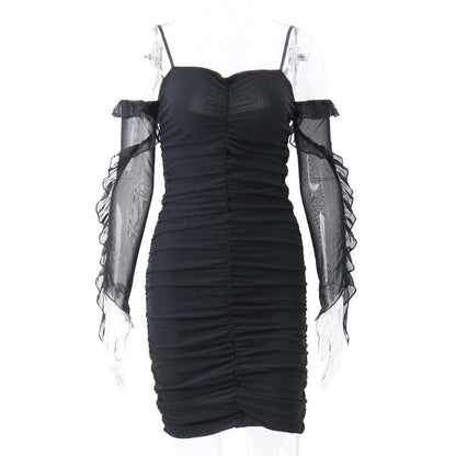 Sweetheart Neck Spaghetti Strap Ruched Mesh Ruffle Sleeve Bodycon Mini Dress