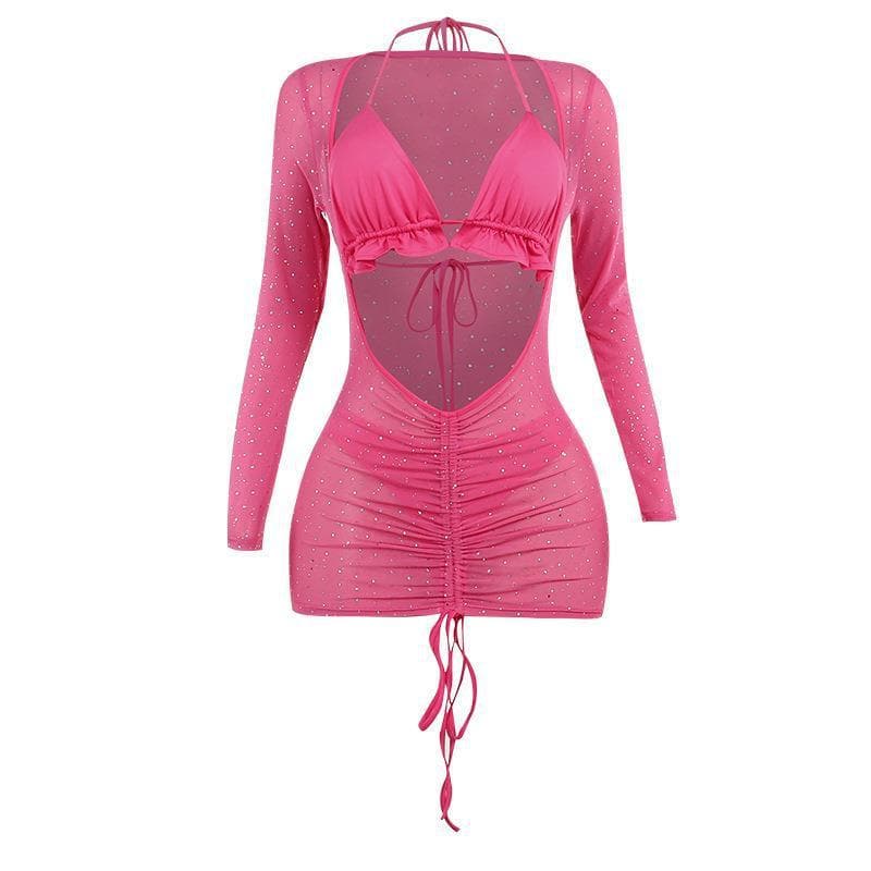 Rhinestone Mesh Long Sleeve Midriff Cutout Ruched Drawstring Bikini Cover Up Set