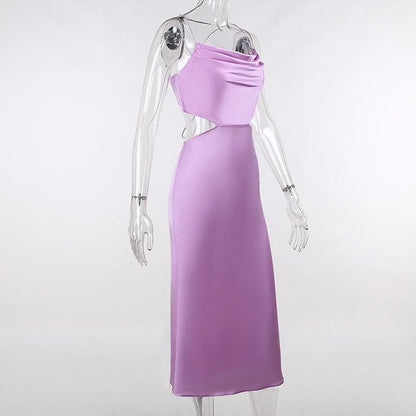 Cowl Neck Criss Cross Strap Side Cutout Satin Midi Dress