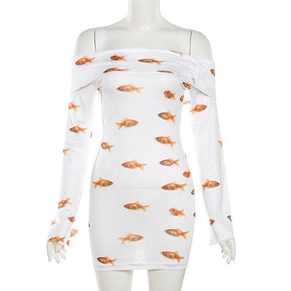 Off Shoulder Foldover Collar Goldfish Print Long Sleeve Bodycon Mini Dress