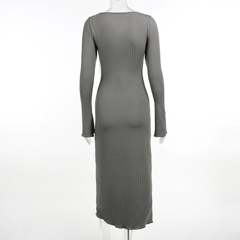 Square Neck Ribbed Knit Flared Sleeve Ruffle Mini Dress