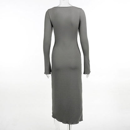Square Neck Ribbed Knit Flared Sleeve Ruffle Mini Dress