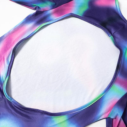 Crew Neck Abstract Aura Print Backless Long Sleeve Mini Dress