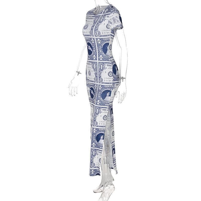 Money Print Crew Neck Short Sleeve Side Slit Bodycon Maxi Dress