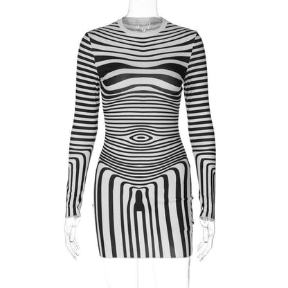 Striped Contrast Long Sleeve Crewneck Mini Dress