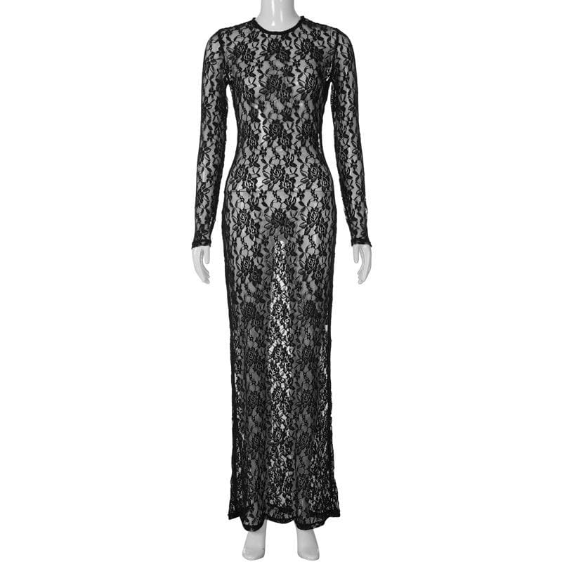 Floral Lace Long Sleeve Crewneck Sheer Bodycon Maxi Dress