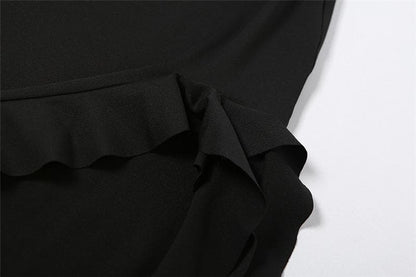Strapless Ruched Double Slit Ruffle Hem Midi Dress