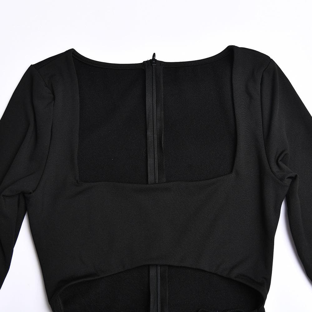 Square Neck Long Sleeve Diamond Cutout Ruched Waist Knotted Thigh Slit Midi Dress