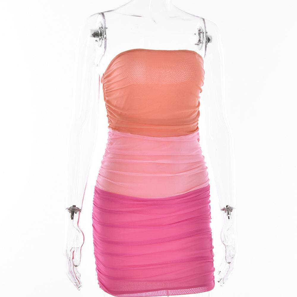 Colorblock Ruched Strapless Tiered Bodycon Mini Dress