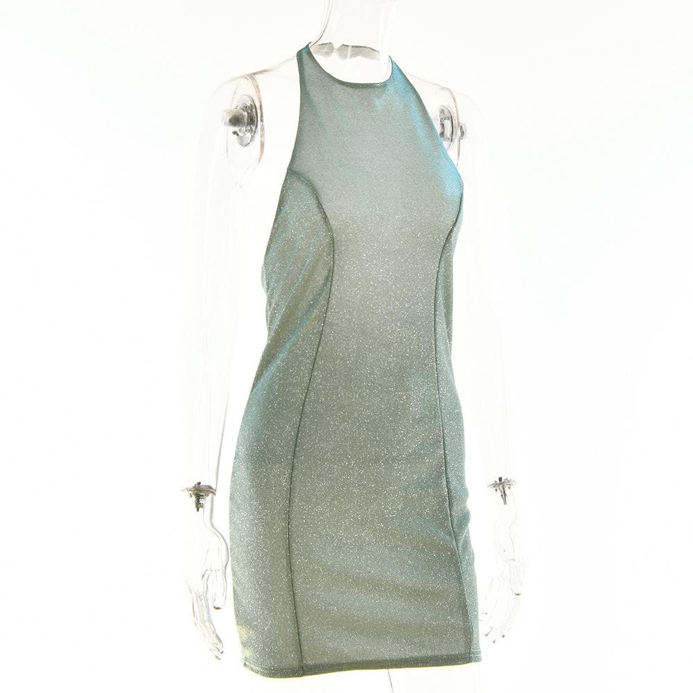 Shimmer Halter Neck Paneled Bodycon Mini Dress
