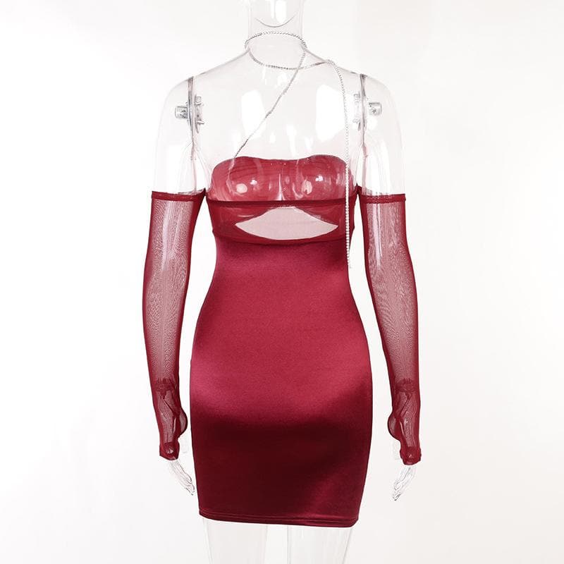Mesh Ruched Halter Chain Neck Cutout Mini Dress with Detached Sleeves Set