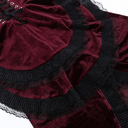 Velvet Lace Up Cross Pendant Tiered High Low Midi Dress