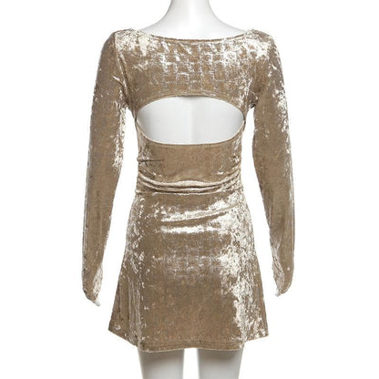 Cowl Neck Cutout Long Sleeve Velvet Mini Dress