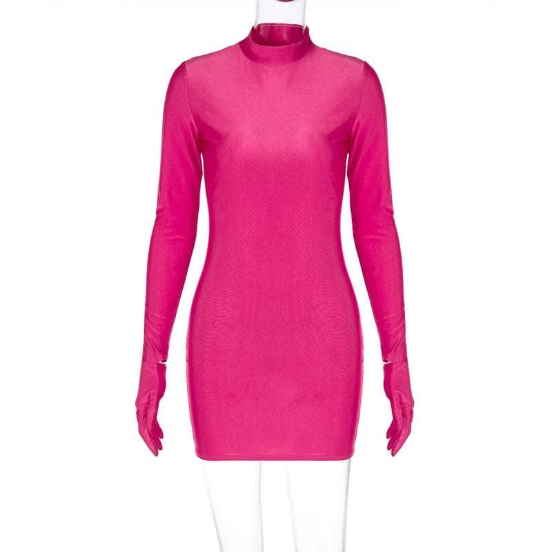 Mock Neck Integrated Glove Sleeve Bodycon Mini Dress