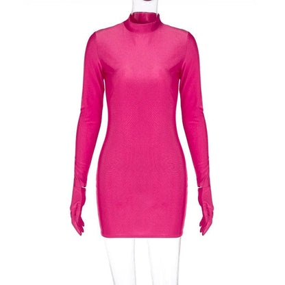 Mock Neck Integrated Glove Sleeve Bodycon Mini Dress