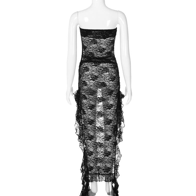Lace Strapless Ribbon Trim High Slit Tube Maxi Dress