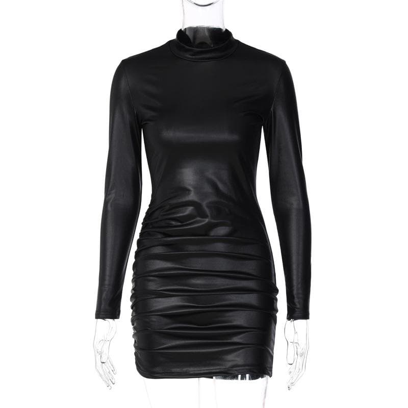 Mock Neck Long Sleeve Side Ruched Shiny Faux Leather Mini Dress