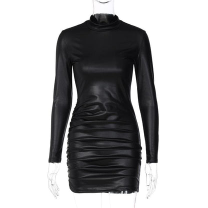 Mock Neck Long Sleeve Side Ruched Shiny Faux Leather Mini Dress