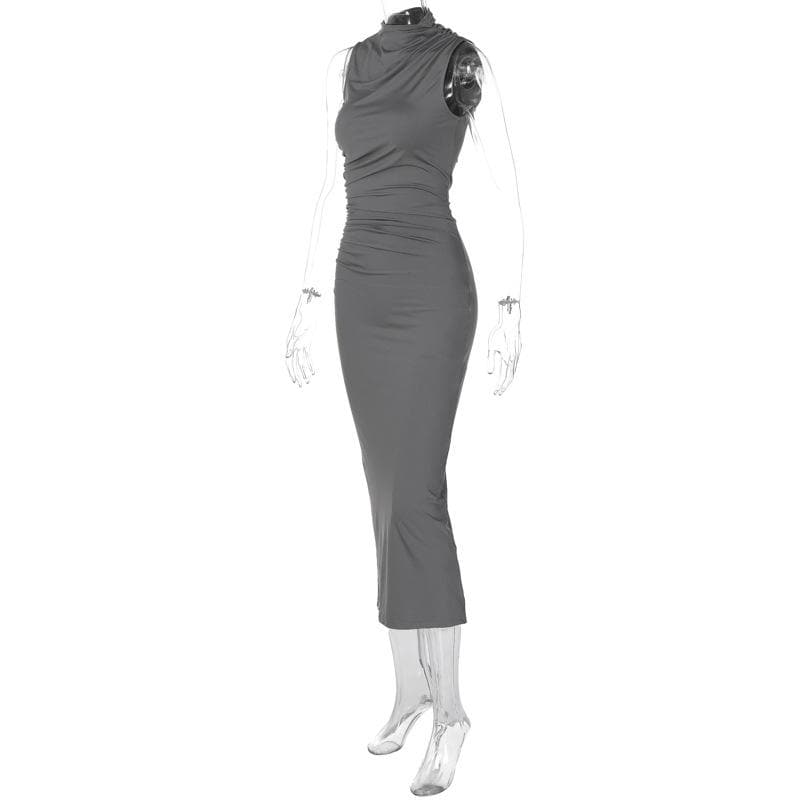 Draped High Neck Side Ruched Sleeveless Bodycon Maxi Dress